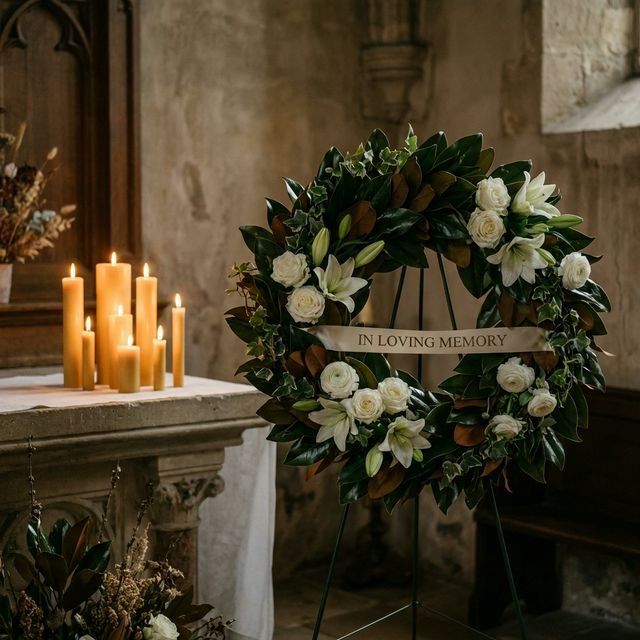 Sēru ceremonijas vainags un sveces kapličā